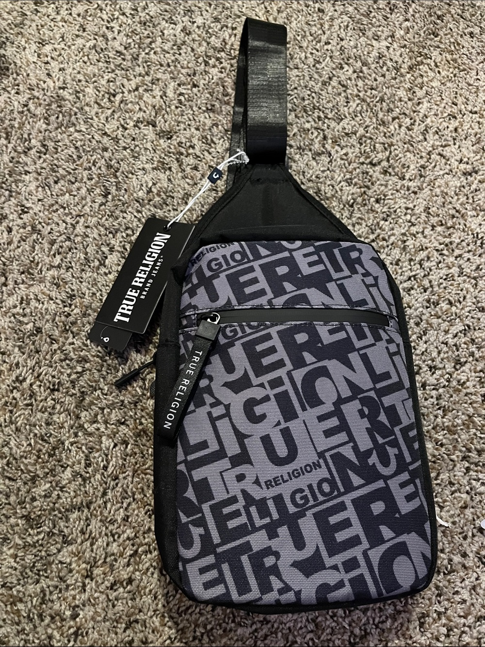 True Religion Black and Gray All-Over Logo Sling Pack